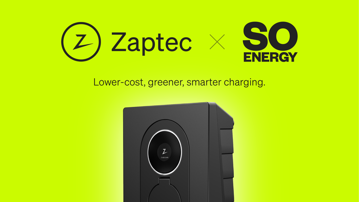 Zaptec and So Energy partnership graphic featuring the Zaptec Go 2 home EV charger with the message "Lower-cost, greener, smarter charging."