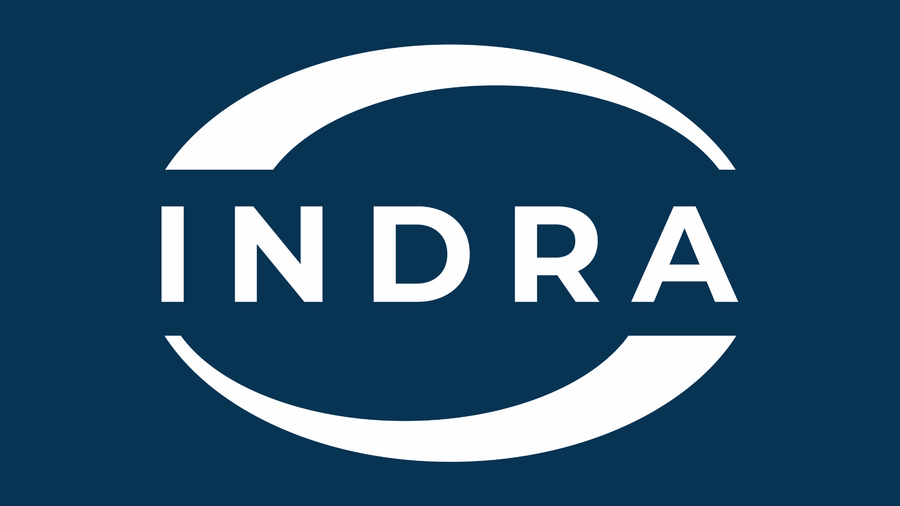 The Indra Logo in white on a navy blue background.
