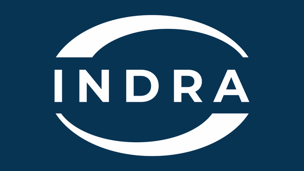 The Indra Logo in white on a navy blue background.