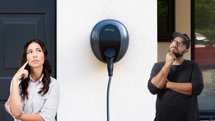 Two homeowners pondering the Pod Point Home Charger Solo 3S