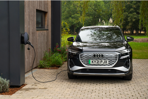The Pod Solo 3S on an external wall of a house, plugged into an Audi, charging using smart tariffs.