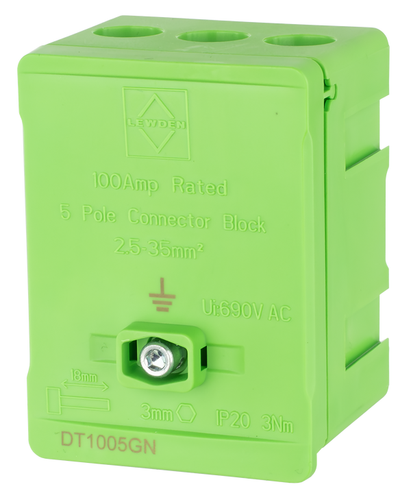 LEWDEN TERMINAL BLOCK: 5 WAY 100A | GREEN (EARTH)