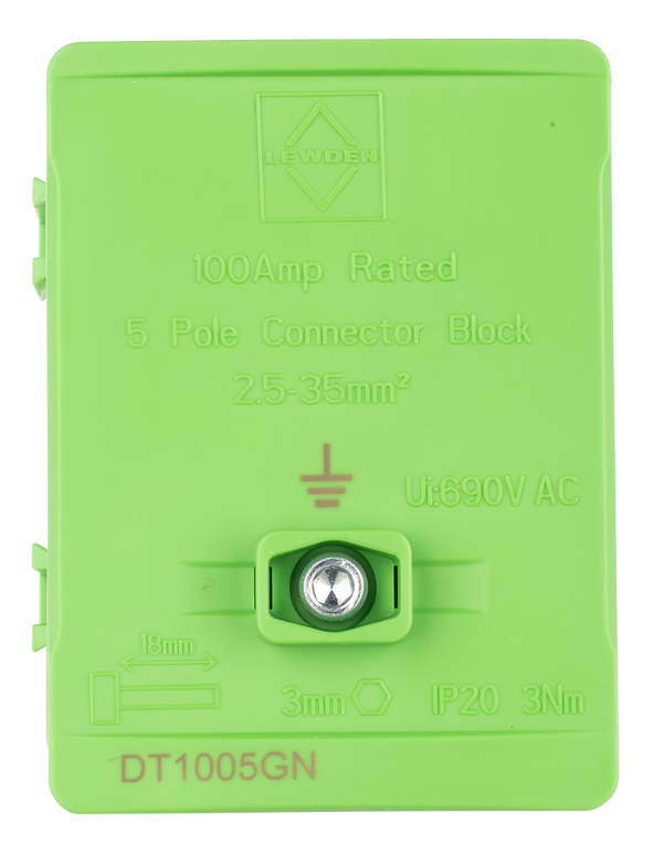 LEWDEN TERMINAL BLOCK: 5 WAY 100A | GREEN (EARTH)