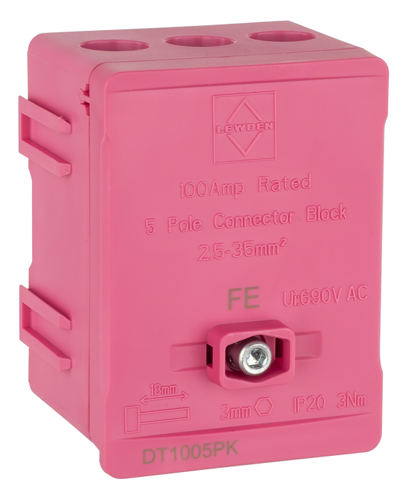 LEWDEN TERMINAL BLOCK: 5 WAY 100A | BLOCK PINK (FUNCTIONAL EARTH)