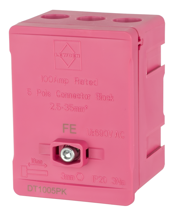 LEWDEN TERMINAL BLOCK: 5 WAY 100A | BLOCK PINK (FUNCTIONAL EARTH)