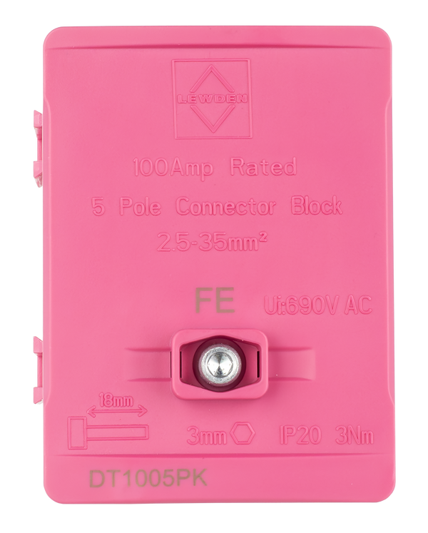 LEWDEN TERMINAL BLOCK: 5 WAY 100A | BLOCK PINK (FUNCTIONAL EARTH)