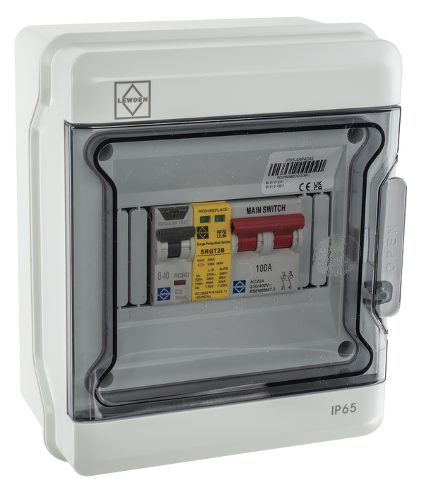 LEWDEN EV CONSUMER UNIT: TYPE A BI-DIRECTIONAL RCCB/RCBO | 40A | SPD | POLYCARBONATE IP65