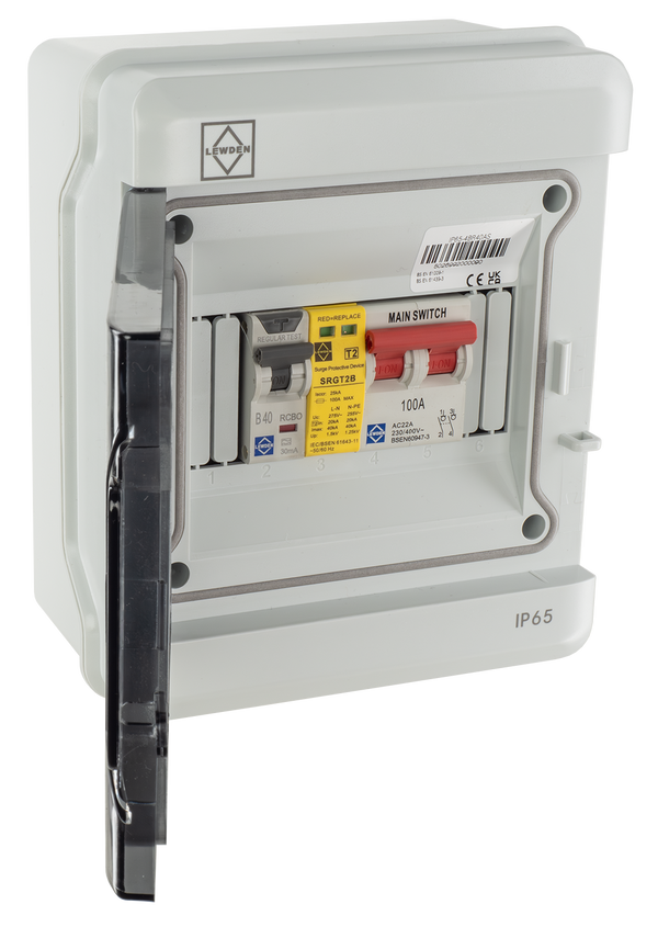 LEWDEN EV CONSUMER UNIT: TYPE A BI-DIRECTIONAL RCCB/RCBO | 40A | SPD | POLYCARBONATE IP65