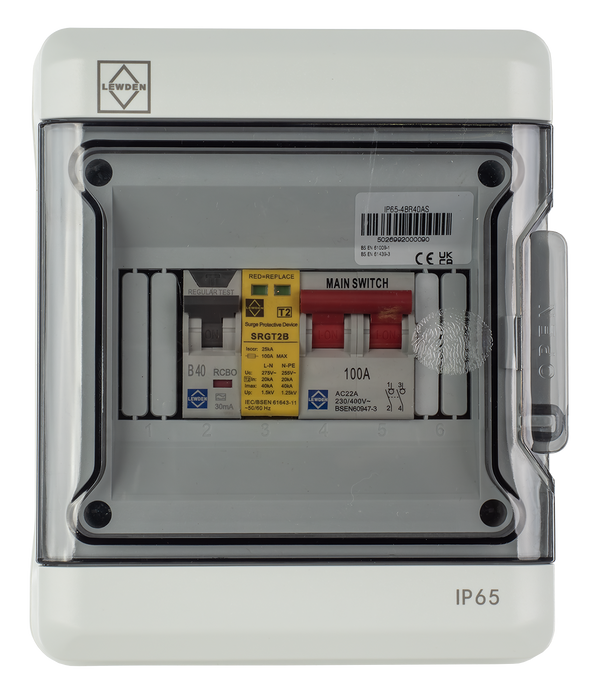 LEWDEN EV CONSUMER UNIT: TYPE A BI-DIRECTIONAL RCCB/RCBO | 40A | SPD | POLYCARBONATE IP65