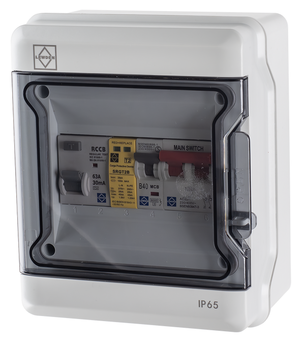 LEWDEN EV CONSUMER UNIT: TYPE A RCCB | 40A | SPD | POLYCARBONATE IP65