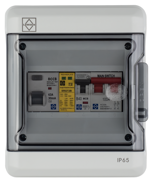 LEWDEN EV CONSUMER UNIT: TYPE A RCCB | 40A | SPD | POLYCARBONATE IP65